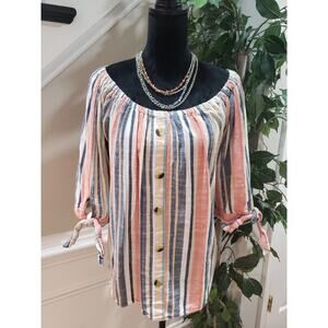 Unique Spectrum Women's Multicolor Striped Scoop Neck Long Sleeve Top Blouse 3X